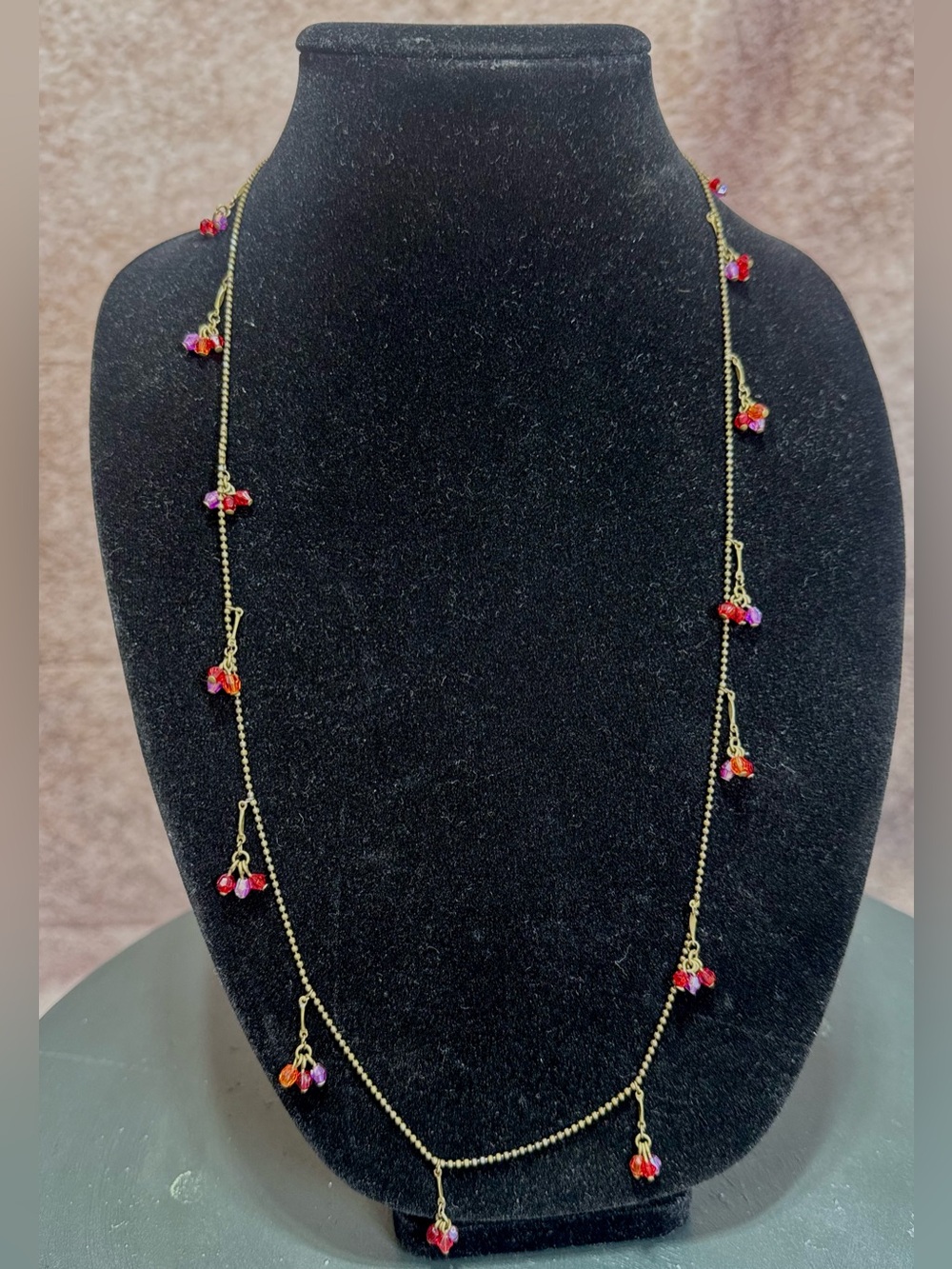 NWOT Express Brass & Drop Crystal Red, Orange & Purple Beaded Necklace